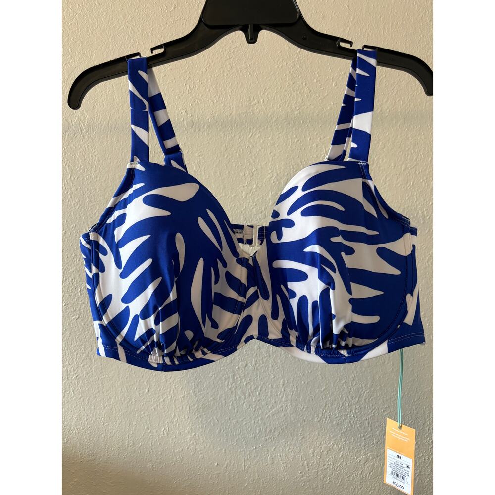 Kona Sol Bikini Top Bra Plus Size 22 Blue White Coastal New